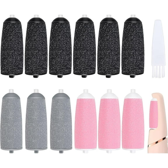 13Pcs Replacement Roller Heads for Flawless Pedi, Compatible with Finishing Touches Flawless Pedi Electric Foot File,Home Pedicure Kit, 6 Black Coarse＆3 Gray Fine＆3 Pink Fine,a Cleaning Brush
