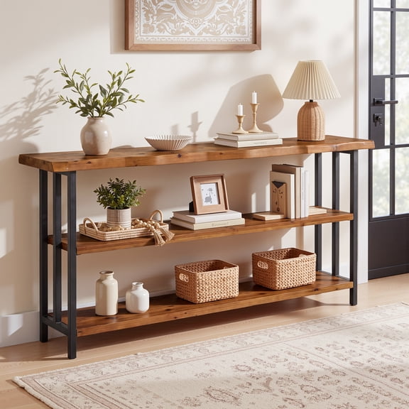 63" Solid Wood Live-Edge Console Table with 3-Tier Shelves, Rustic Entryway Sofa Table with Metal Frame for Hallway Living Room