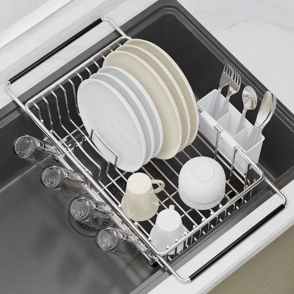 Dish Drying Rack in Sink, Expandable Over The Sink Dish Rack with Utensil Holder, Compact Storage for Kitchens, Stainless Steel , Silver