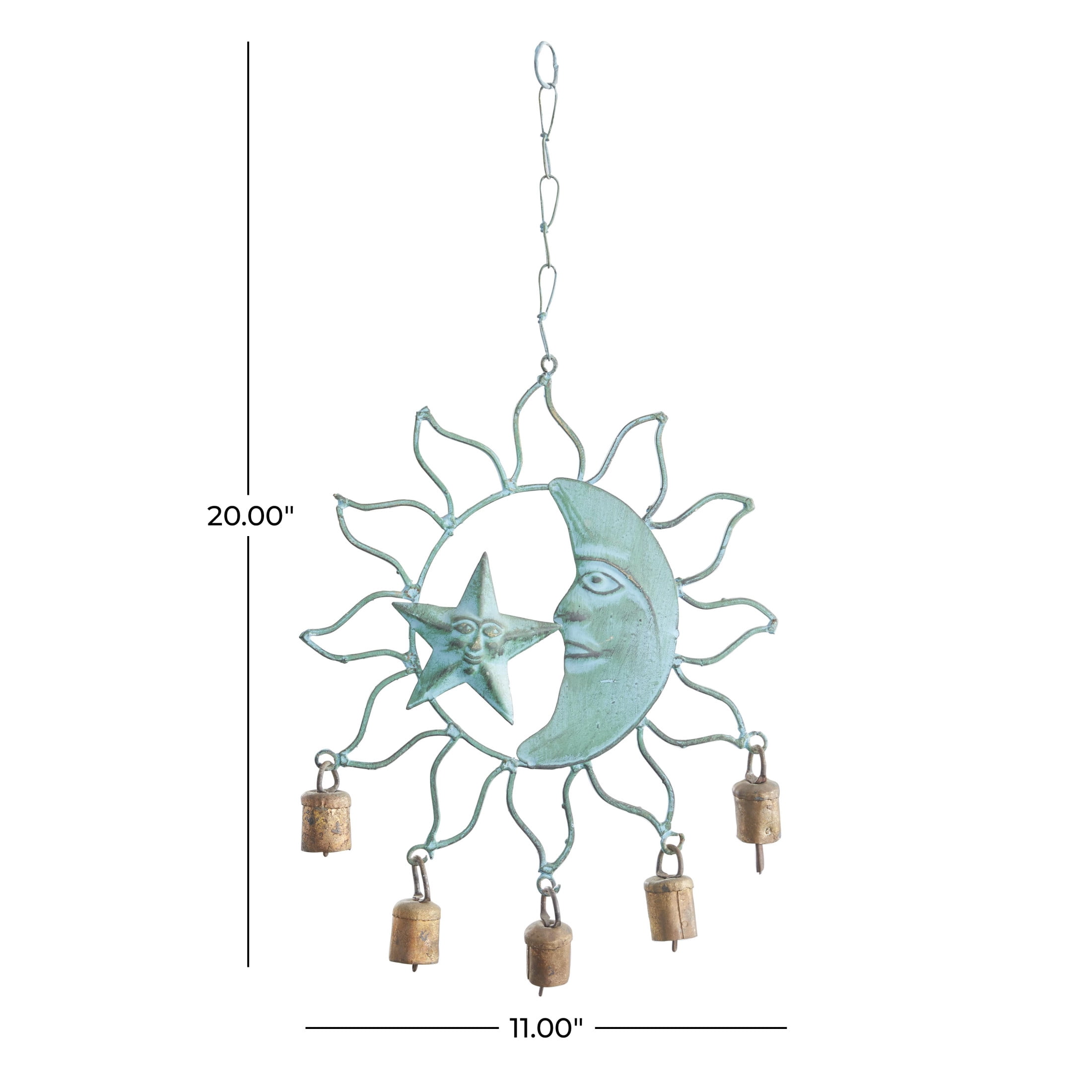DecMode 20" Teal Metal Sun and Moon Windchime with Bells