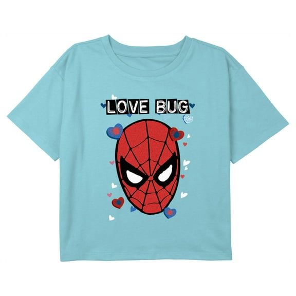 Girl's Marvel Valentine's Day Spider-Man Love Bug Graphic Cropped T-Shirt Blue Large