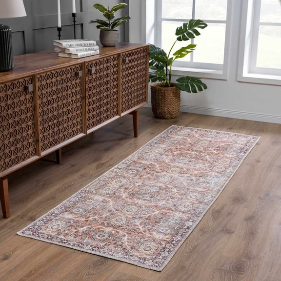Hauteloom Georgia Bian Machine Washable Kitchen Runner Rug - Oriental Floral Style - Entryway Long Carpet - Pet Friendly - Orange, Terra Cotta, Brick Red, Orange - 2'7" x 7'3"