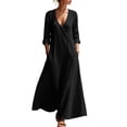 thumbnail image 2 of Uscallm Women's V Neck 3/4 Sleeve Button Down Maxi Dresses Flowy Boho Casual Loose Long Travel Beach Sundresses, Black M, 2 of 6