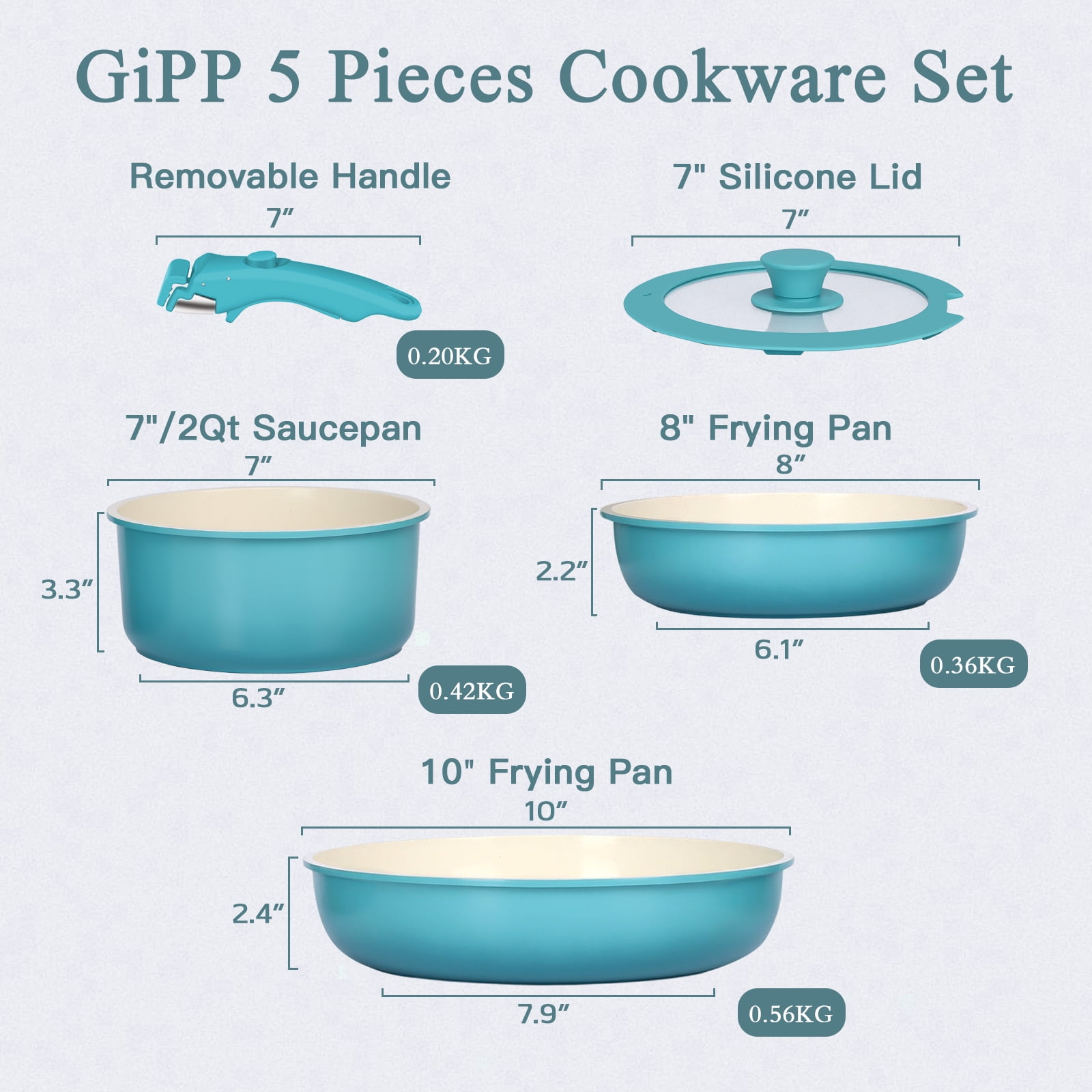 Gipp 5pcs Pots and Pans Set Non Stick,Ceramic Cookware Sets with Removable Handle, Oven & Dishwasher Safe,Induction Cookware,Kitchen Cooking set,Blue