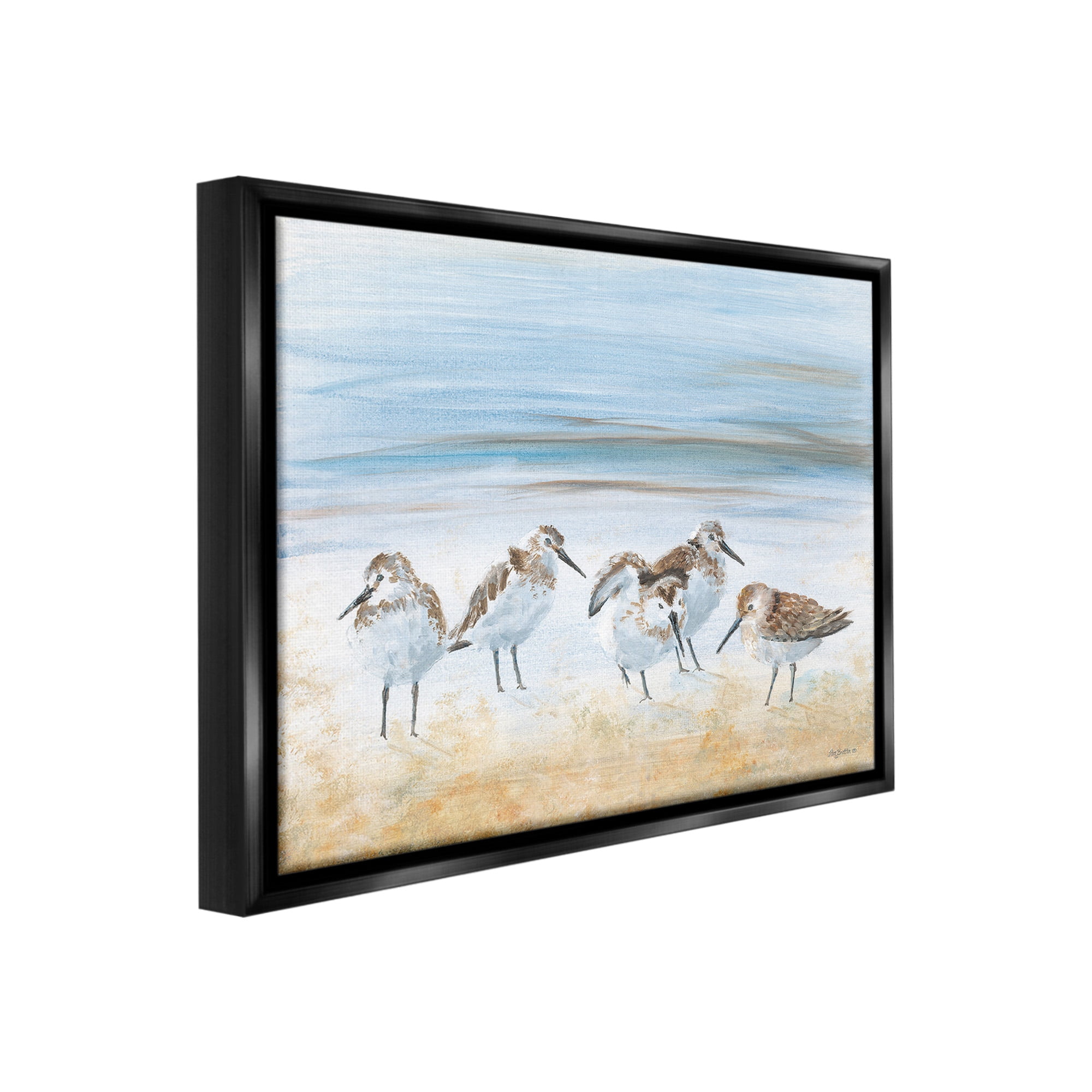 Stupell Industries Summer Sandpipers on Shore Animals & Insects Painting Black Floater Framed Canvas Art Print Wall Art, 21 x 17