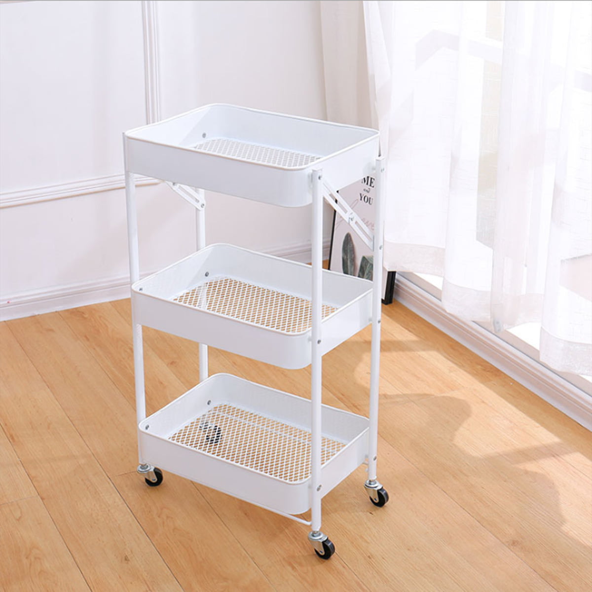 HERJOY Metal Utility Cart with Lockable Wheels Living Room 3-Tier Rolling Cart Office Storage Craft Art Cart Organizer Trolley Serving Cart Easy Assembly for Kitchen Bathroom 