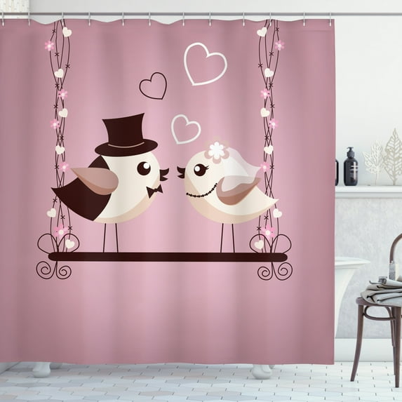 Engagement Party Shower Curtain, A Bride and Groom Sparrow Couple Tweeting on Outdoor Swing, Fabric Bathroom Set with Hooks, 69W X 84L Inches Extra Long, Dried Rose Brown Eggshell, by Ambesonne