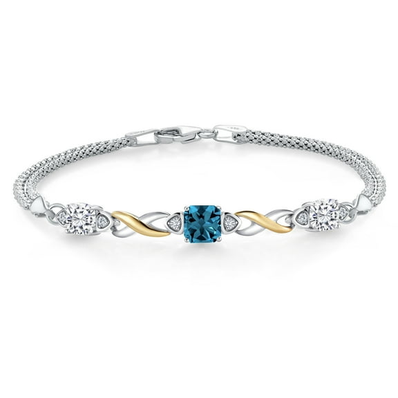 925 Silver and 10K Yellow Gold London Blue Topaz and White Moissanite and White Lab Grown Diamond Bracelet for Women (2.53 Cttw, Gemstone November Birthstone, Cushion 6MM, 6.5 inches, Made in Italy)