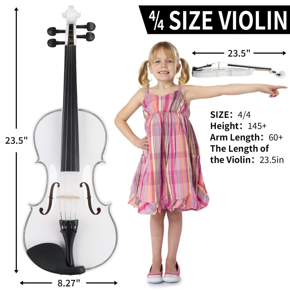 4/4 Violin Set Full Size Fiddlewith Hard Case, Shoulder Rest, Rosin, Bow and Extra Strings, for Adults Beginner Students (White)