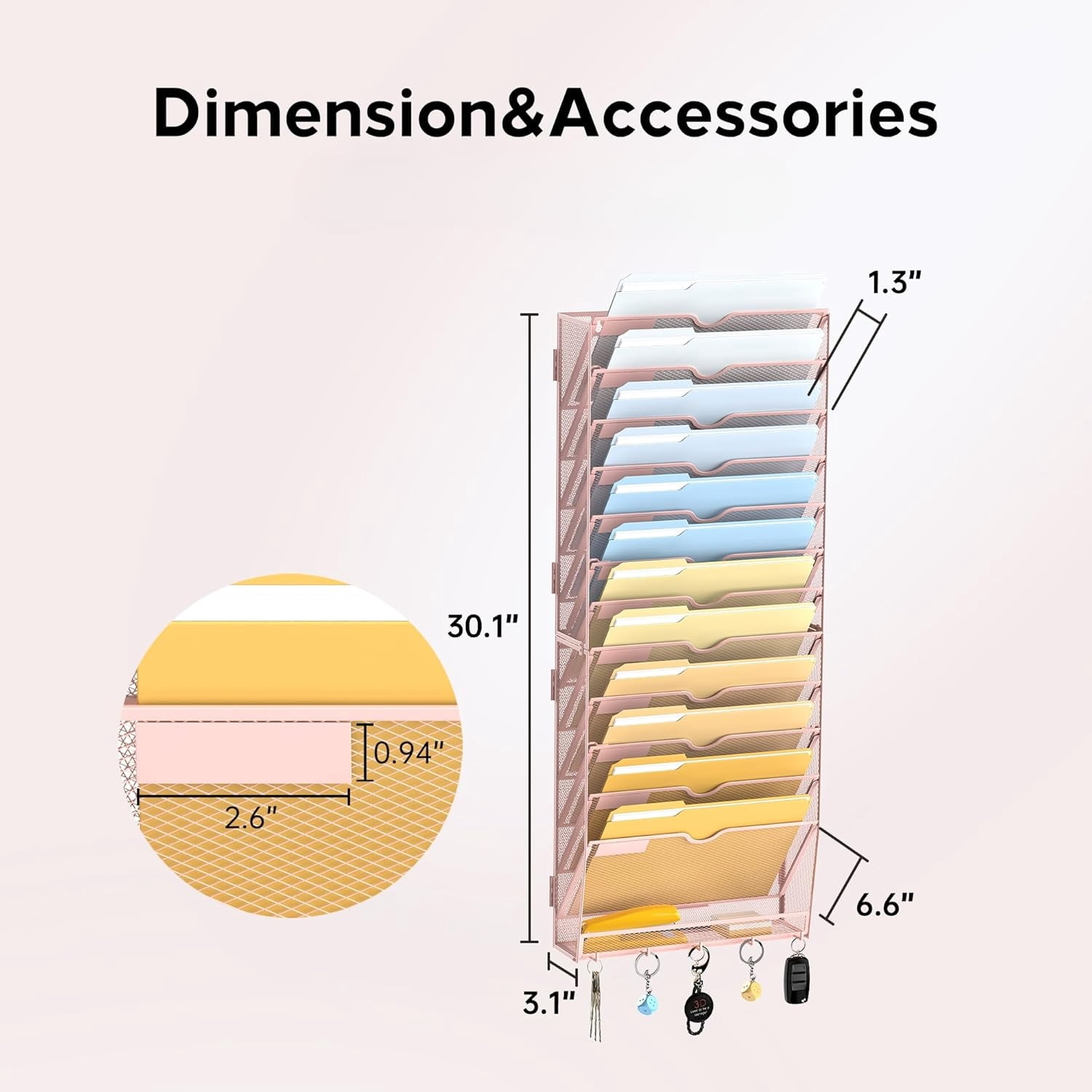 INTIGE 13-Tier Metal Wall File Organizer with Hooks, Hanging Paper Organizer, Pink, Screw Mount