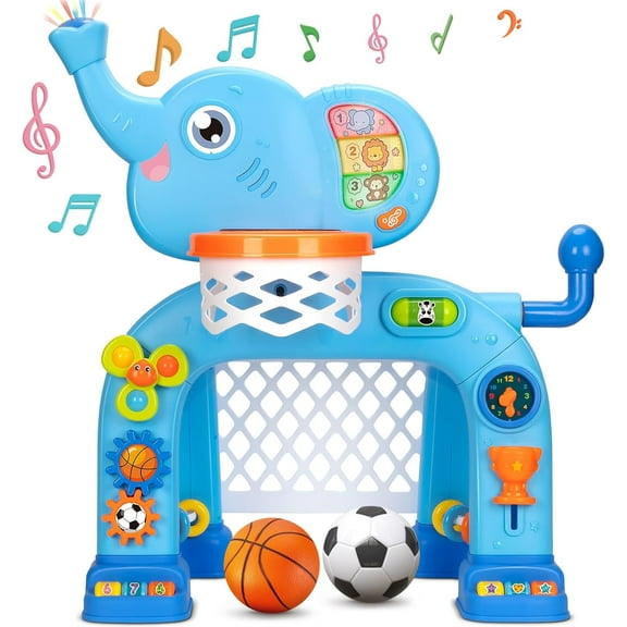 WANBIN Toys for 1 2 3 Years Old Boys Girls, Basketball Hoop & Soccer Goal, Montessori Toy, Interactive Musical Sports Toys with Light, Baby Kids Gift
