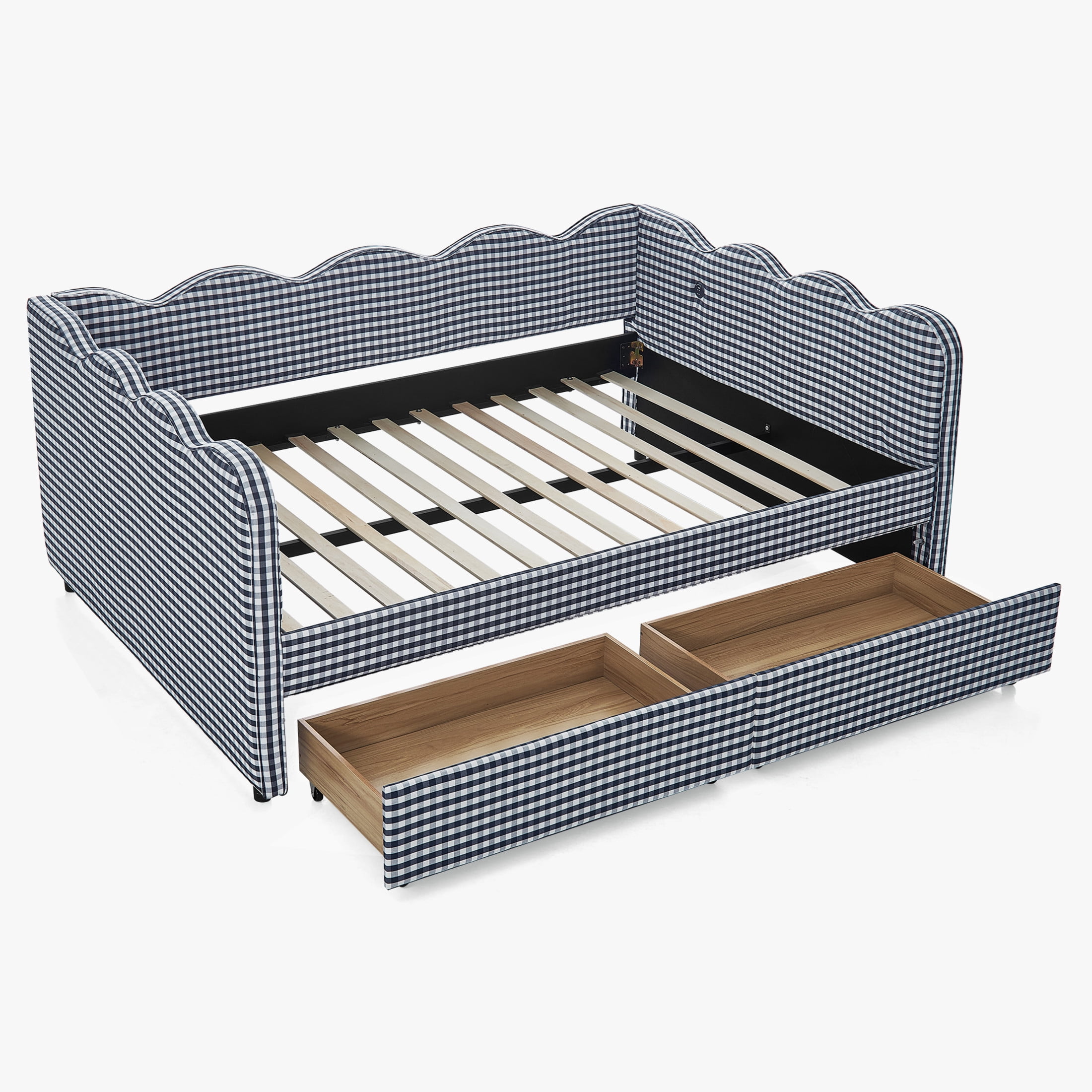 Noble House Corlan Full Size Waved Daybed, Cozy Gingham Linen Sofa Bed with Storage Drawers and Charging Port, Navy Blue
