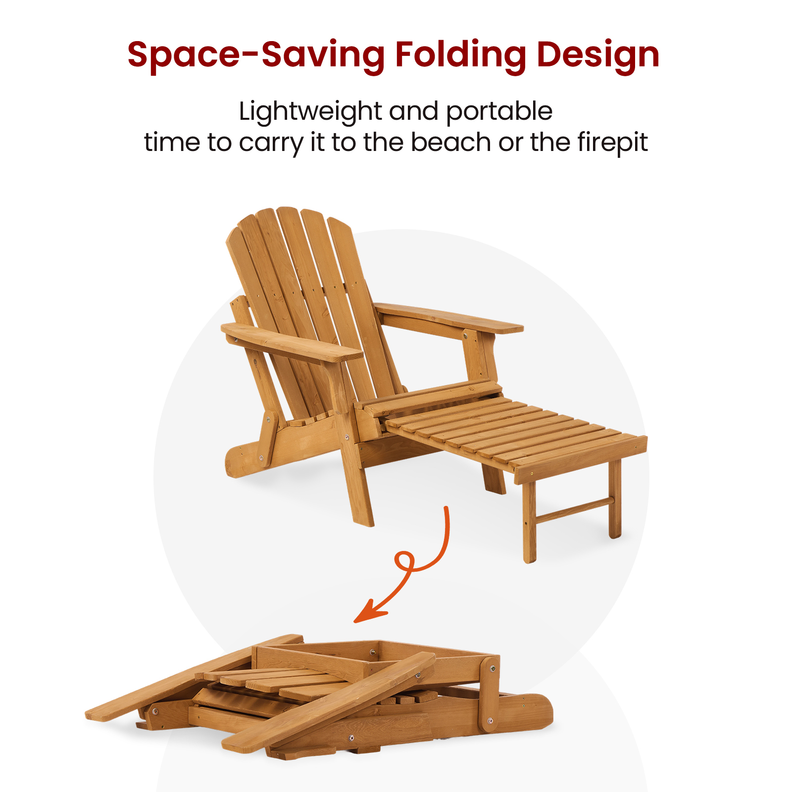 Easy4Home Larger Wooden Adirondack Chair Folding Patio Chair with Retractable Ottoman, Light Brown