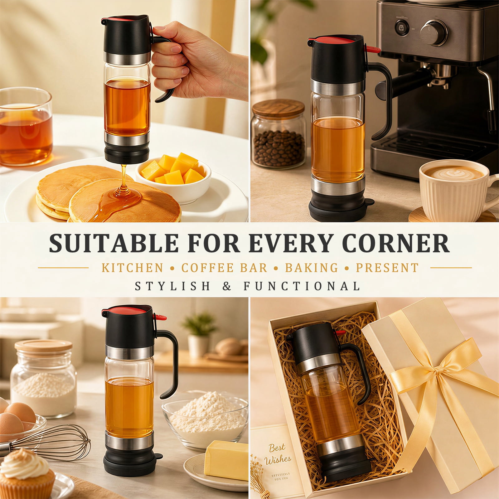 Toorise Glass Honey Dispenser 11.83oz No Drip Honey Jar with Handle Mess Free Glass Maple Syrup Dispenser for Coffee Tea Pancake