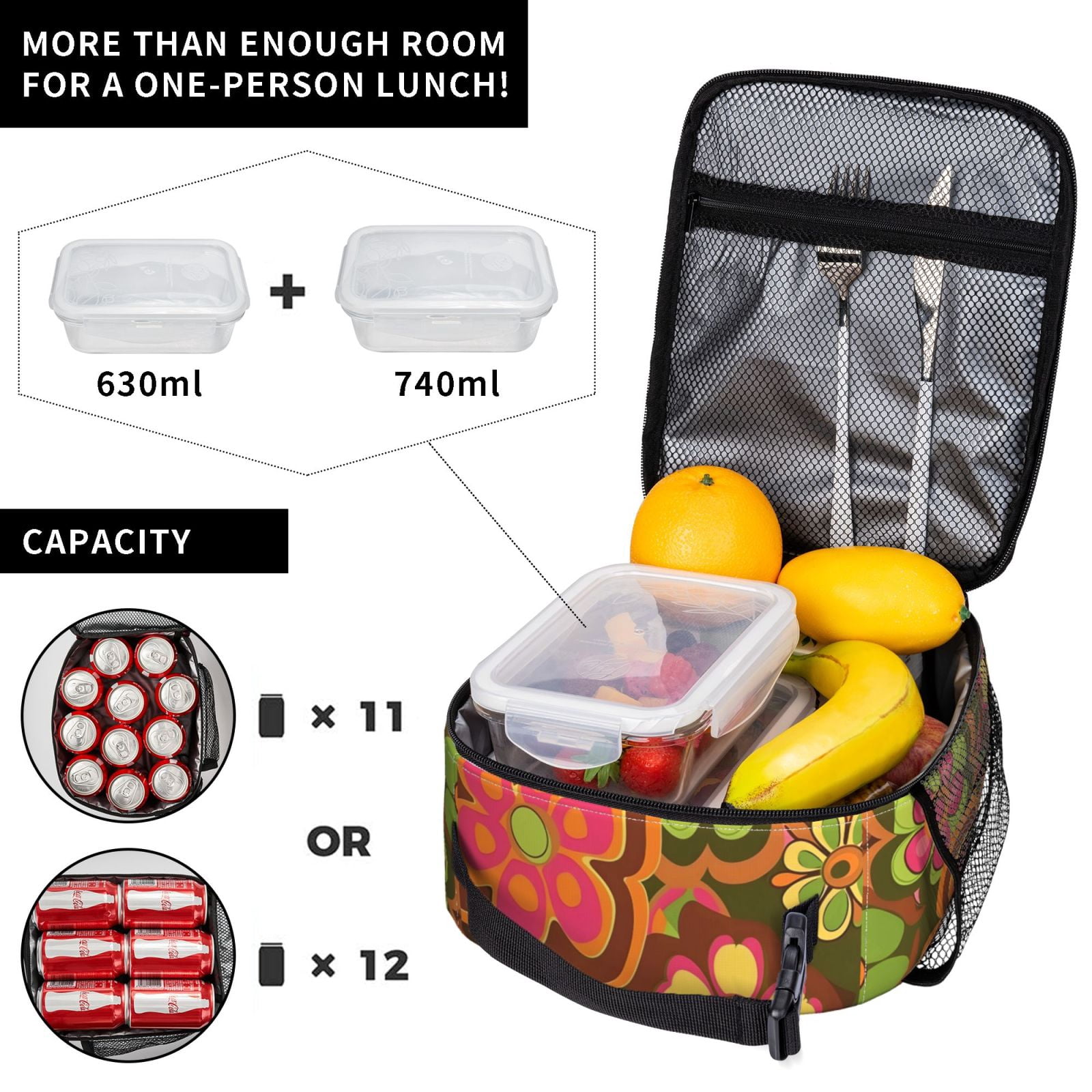 Lunch Bag For Women Men Insulated Portable Lunch Box Bento Box Office Picnic Travel Cooler Bag Retro Groovy Flowers Pattern (4)