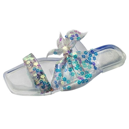 

slipper for Women Womens Shoes Summer Square Toe Slippers Fashion Lace Bow Flower Glitter Sequin Sandals PU Dress Sandals for Women Silver