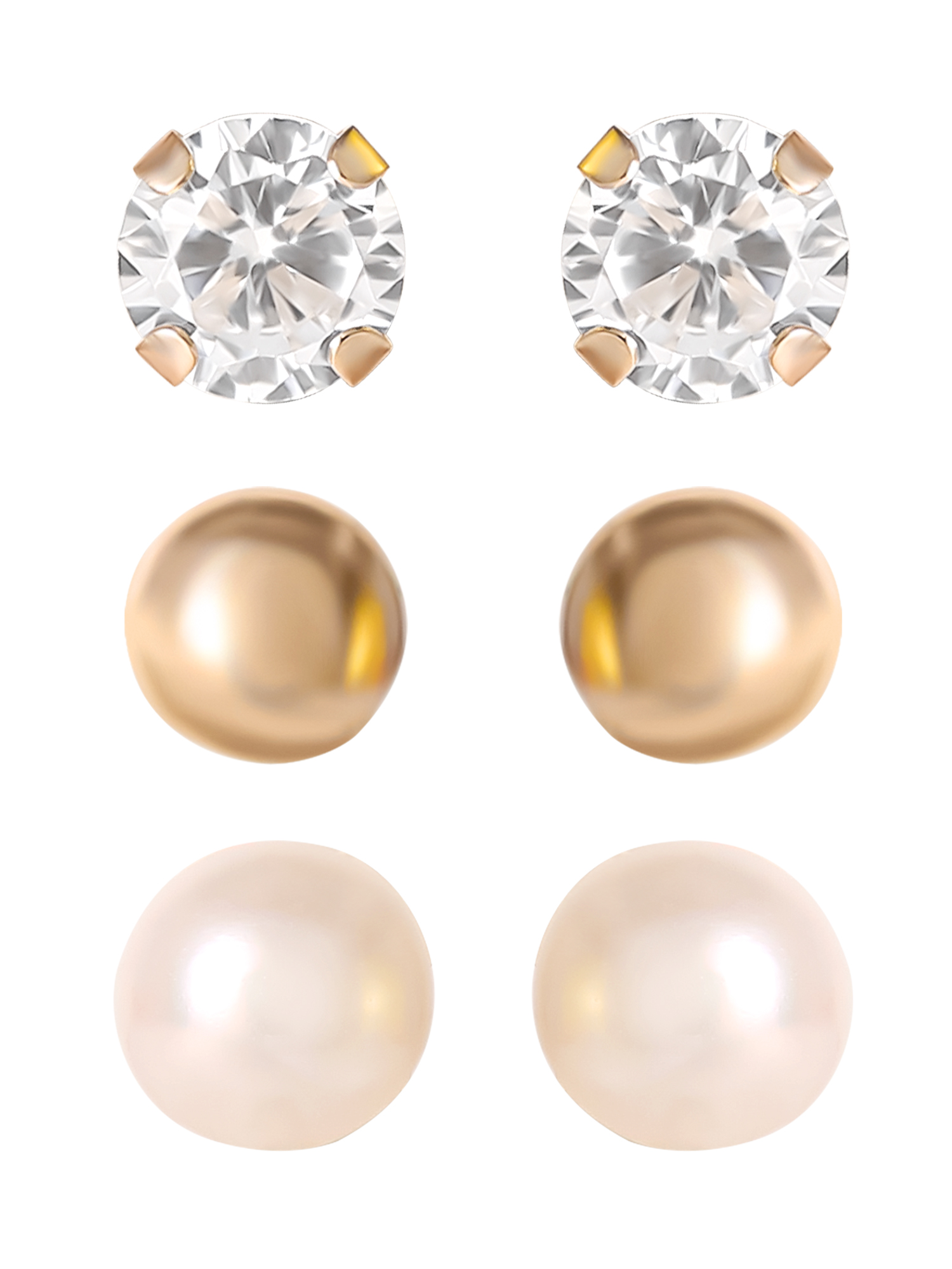 Brilliance Fine Jewelry Women's Pearl Stud Earrings, 3 Pairs, 14K Yellow Gold