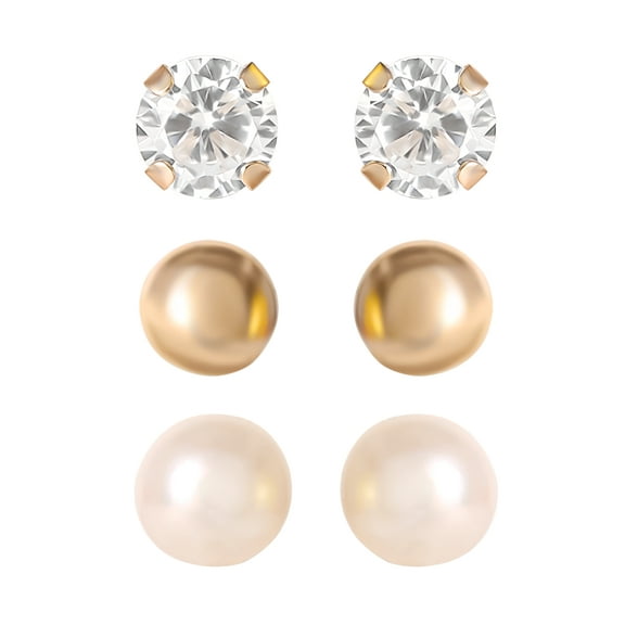 Brilliance Fine Jewelry Pearl Stud Earrings, 14K, Yellow Gold, 3 Pairs