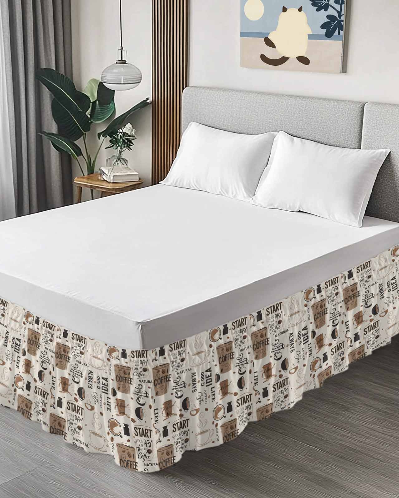 Coffee Wrap Around Bed Skirts for Queen Bed 16" Drop, Bed Skirt with Adjustable Elastic Belt Dust Ruffle Bed Valance for Bedroom Hotel Luxury Brown Beans Cup Dessert Drink Monochrome Bed Frame Cover