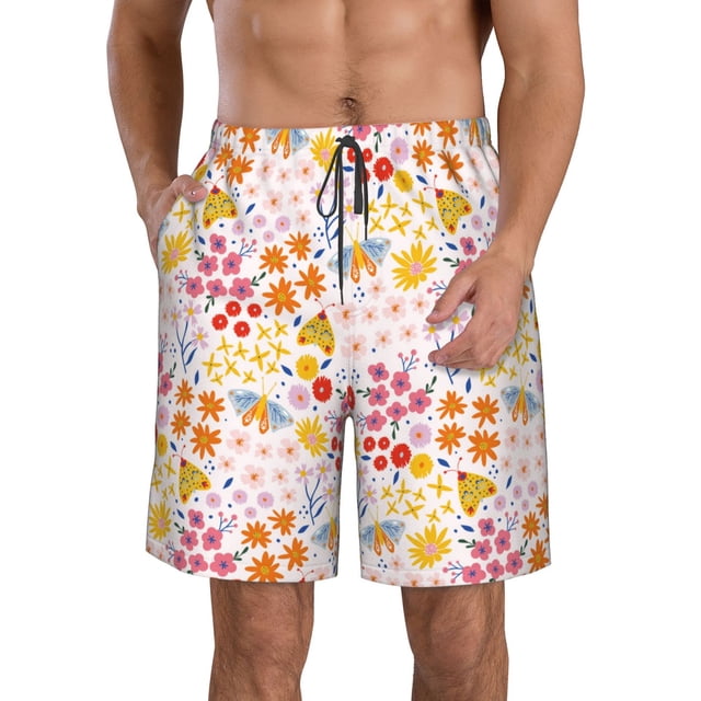 Fotbe Colorful Floral Trajes de Baño Estampados para Hombre, Shorts de Verano de Secado Rápido, Ropa de Playa, Bañadores-Large