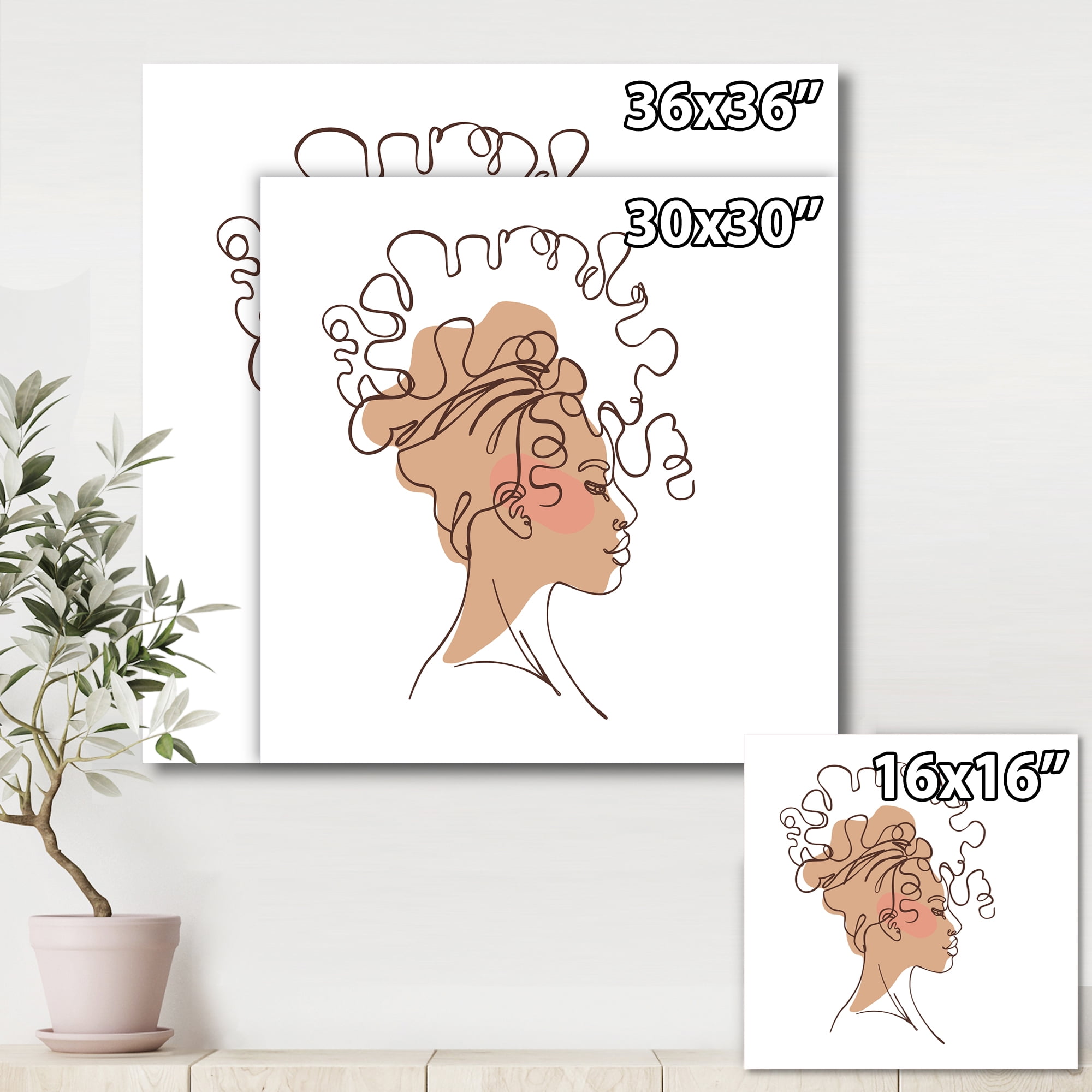 Designart ' One Line Portrait of Afro American Woman I ' Modern Canvas Wall Art Print