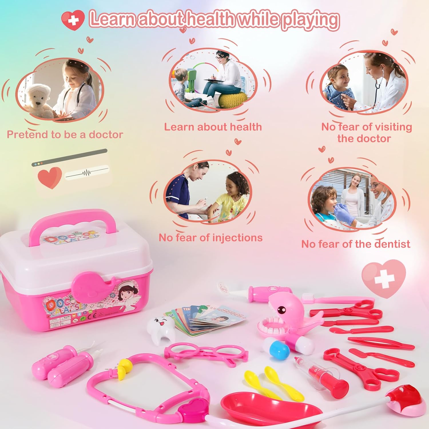 Hinzonek Doctor Kit for Kid,Dentist Doctor Set,55Pcs Doctor Pretend Playset for Toddlers Doctor KitRole Playing Game for Boys and Girls,Birthday Girls Gifts,Pink