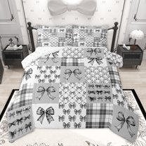 Homewish Grey Chic Ribbon Full Size Comforter Sets for Teens, Princess Bow-tie Bedding Comforter Set, Modern Fashion Checkered Plaid Reversible Bedding Sets, Ultra Soft Bedroom Decor, 3 Pieces