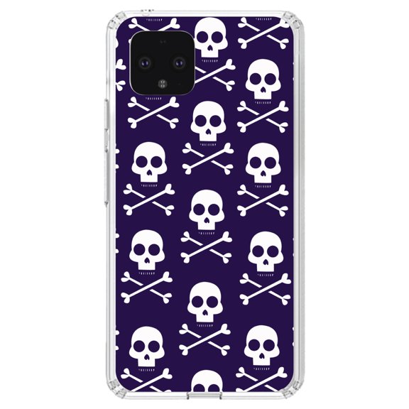 DistinctInk Clear Shockproof Hybrid Case for Google Pixel 4 XL (6.3" Screen) - TPU Bumper, Acrylic Back, Tempered Glass Screen Protector - Purple White Skulls Pattern