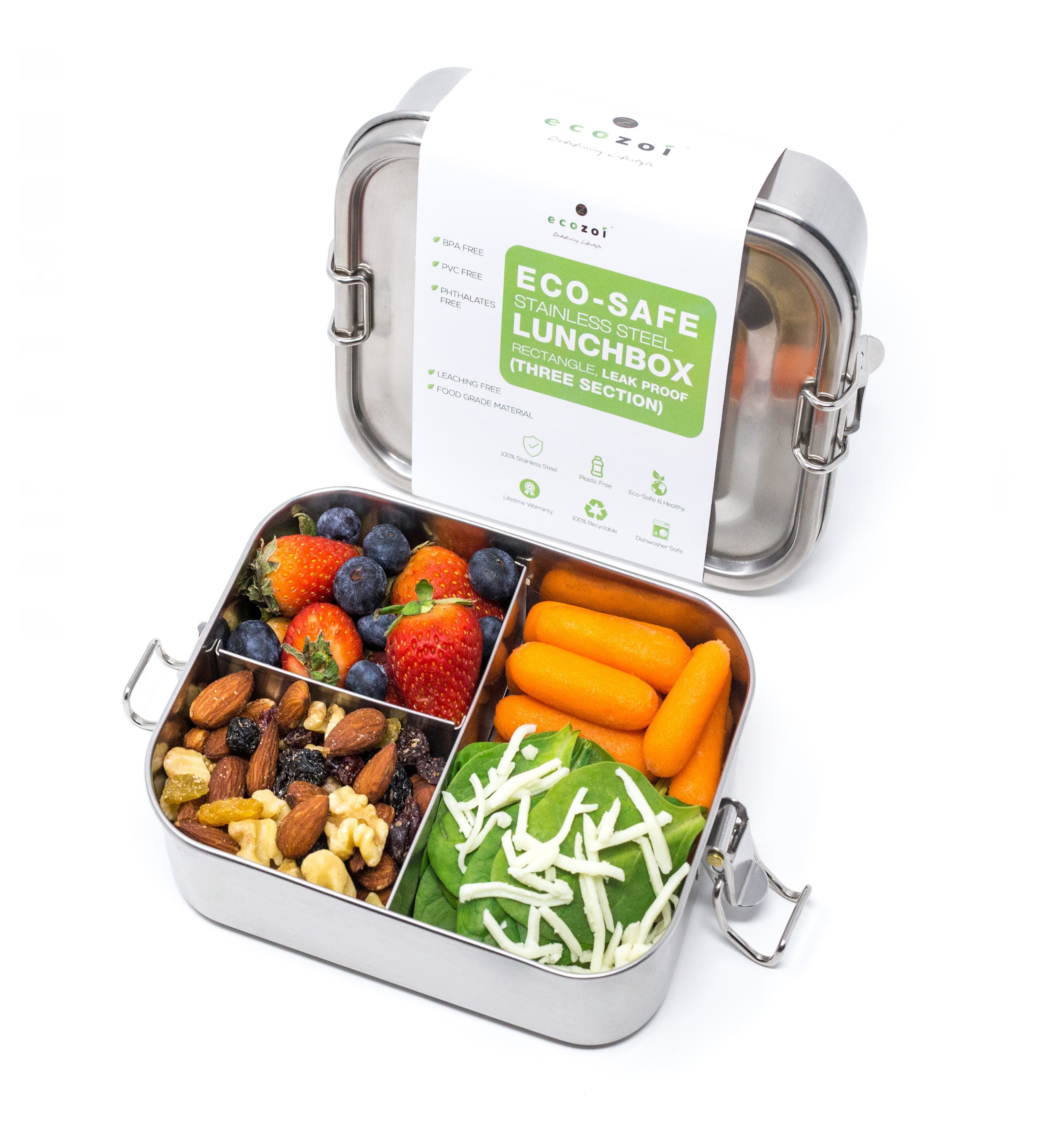 Ecozoi Stainless Steel Lunch Box, Leak Proof 3 Compartment Eco Bento