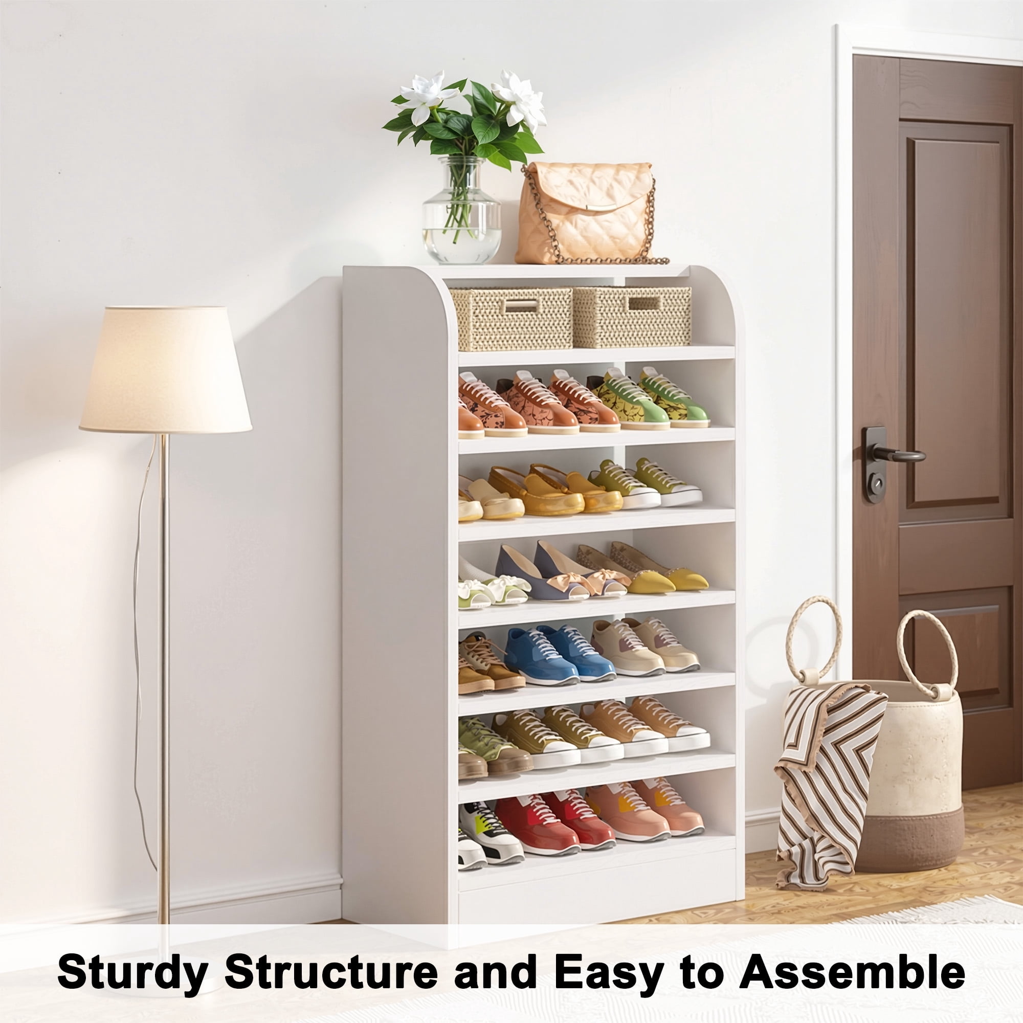 MAYEERTY 8-Tier White Shoe Storage Cabinet, E1 Particle Board Open Shoe Rack with Detachable Shelves for Entryway Dorm Garage