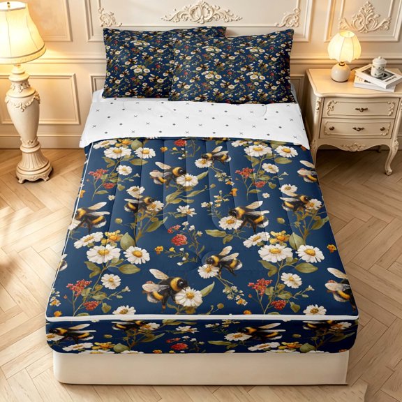 Erosebridal Retro Bee Zipper Twin Comforter Sets with Fitted Sheet and 2 Pillowcases,Bohemian Flower Zipper Bedding Set,Navy White,Reversible,4pcs