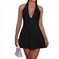 thumbnail image 1 of Vestido Mini de Mujer con Cuello Halter, Lazo y Escote en V Profundo, Sin Mangas y Espalda Descubierta, Corte A, Fluido, para Cóctel o Fiesta Negro S, 1 of 9