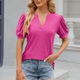 thumbnail image 2 of ICHUANYI Womens Summer Solid Lace V Neck Bubble Short Sleeve Solid T-shirt Top Fashion Clothing, 2 of 4