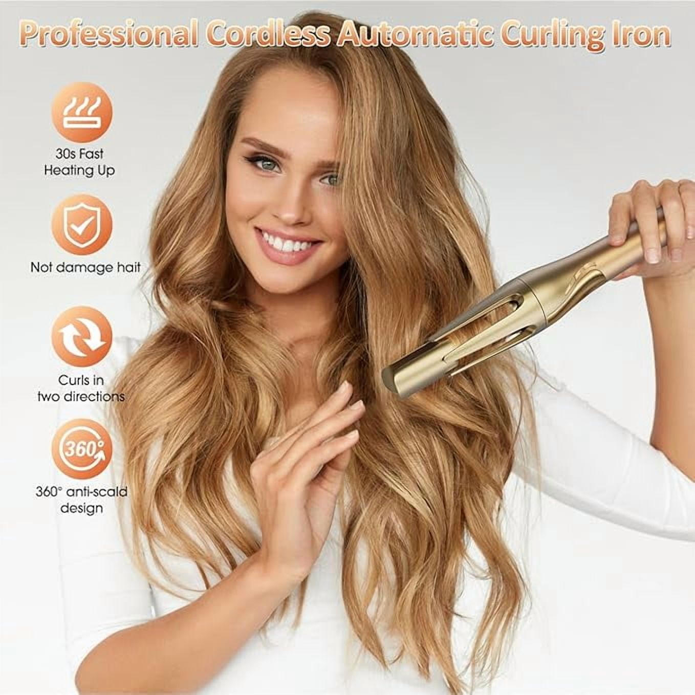 RKXQT Cordless Automatic Curling Iron,Professional Anti-Tangle Auto Hair Curler with 1.25"" Ceramic Ionic Barrel & 3 Temperature,Fast Heating Iron for Hair Styling (Pink)