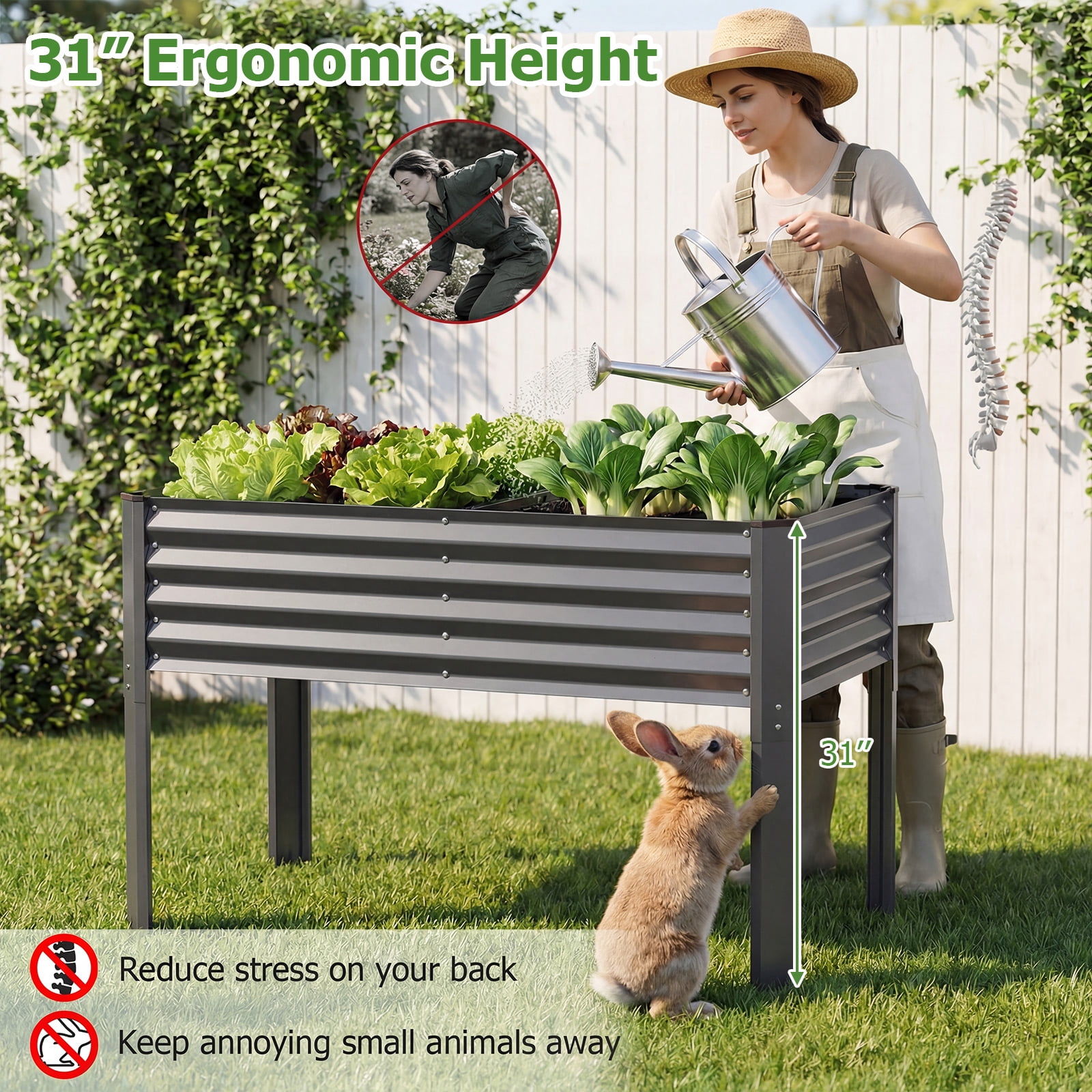 Costway 1 PCS Galvanized Raised Garden Bed with Legs, Metal Elevated Planter Box for Vegetables Gray