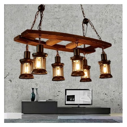 Rustic Chandelier for Kitchen Island Dining Room Light Fixture, Farmhouse Ladder Style Chandelier Wood and Black Finish 6-Light Industrial Metal Hanging Pendant Light