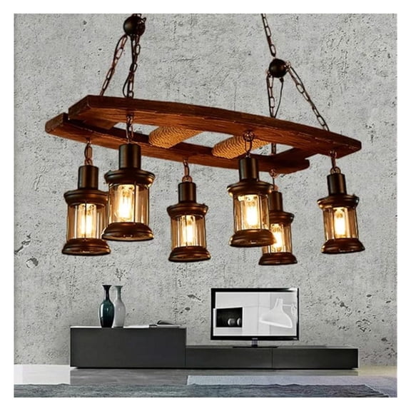 Rustic Chandelier for Kitchen Island Dining Room Light Fixture, Farmhouse Ladder Style Chandelier Wood and Black Finish 6-Light Industrial Metal Hanging Pendant Light