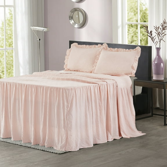 EleganHome Pinsonic Ruffle Skirt Quilt/Bedspread/Coverlet with 2 Shams Peach/Pink Color King Size