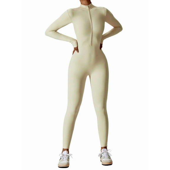 Women Long Sleeve Workout Jumpsuit Zip Up Romper Bottom Pants Bodysuit Bodycon Oatmeal Apricot S