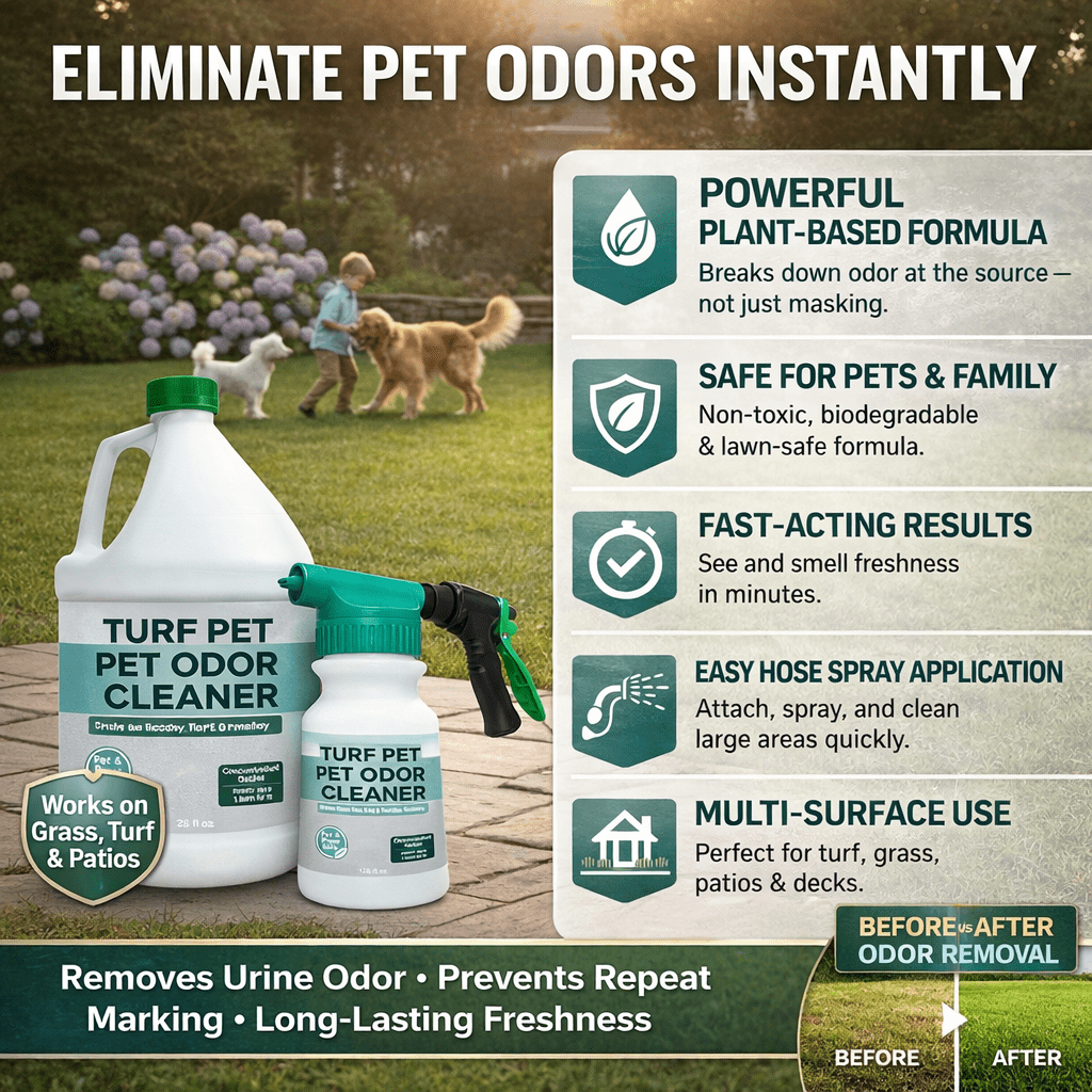 Turf Pet Odor Eliminator Enzyme Cleaner with Hose-End Sprayer for Outdoor Turf, Grass, Patio & Yard Odor Removal, 1 Gallon Concentrate