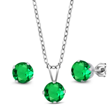 2.31 Ct Green Simulated Emerald 925 Silver Pendant Earrings Set With Chain