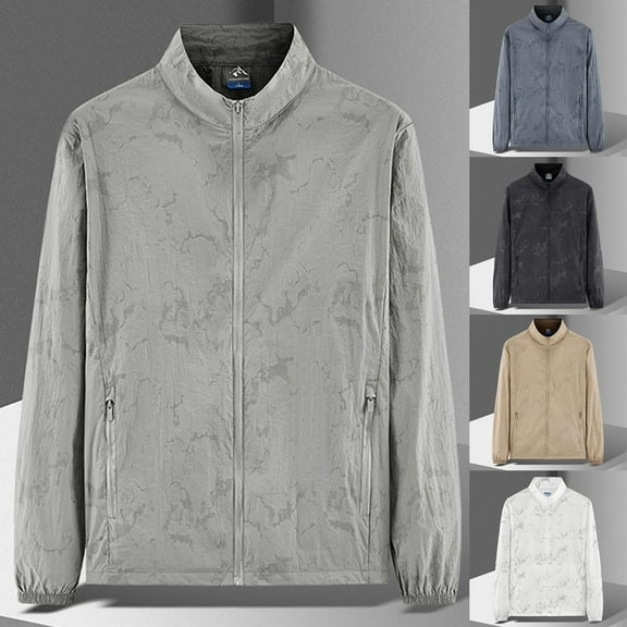 FRSASU Men Full Zip Fashion Solid Color Outdoor Sun Protection Jacket Long Sleeve Lightweight Stand up Collar Top with Pockets White