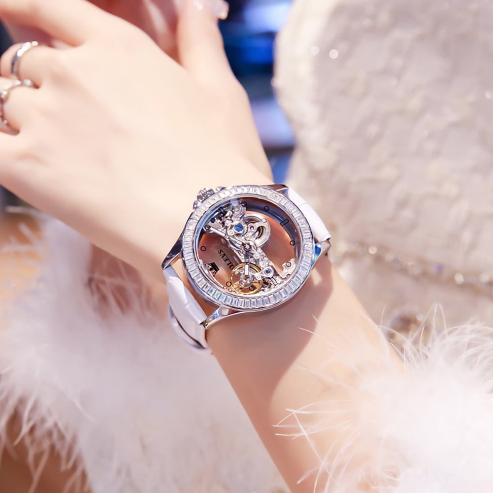 OLEVS Automatic Watches for Womens Mechanical Diamond Skeleton Self Winding Leather Luxury Dress Waterproof Luminous Ladies Watches Womens Wrist Watches Gift Reloj Para Mujer