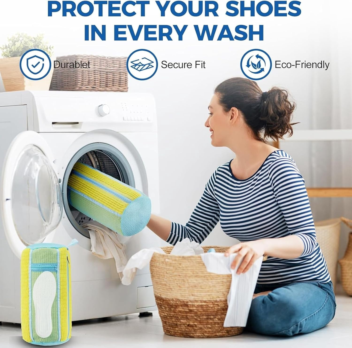 Shoe Washing Machine Bag 2 Pack, Laundry Shoe Bags with Insole Pocket, Reusable Shoe Cleaning Bags for Washer and Dryer, Protective 360° Deep Clean for Sneakers Tennis All Shoes Types（Yellow