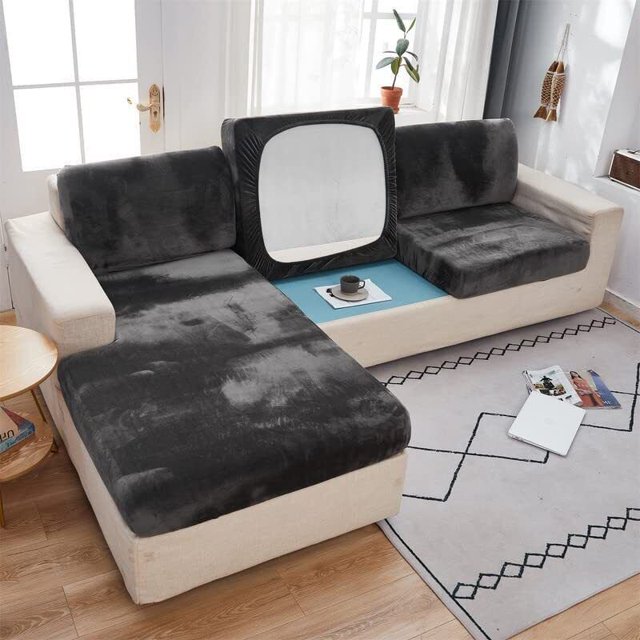 2024 Soft Velvet Sofa Seat Cushion Cover - Stretch Non-Slip Sofa Cover Couch Cushion Covers for Sectional Sofa L Shape Sofa Cushion Slipcover Furniture Protection (Grey Large Single Sea