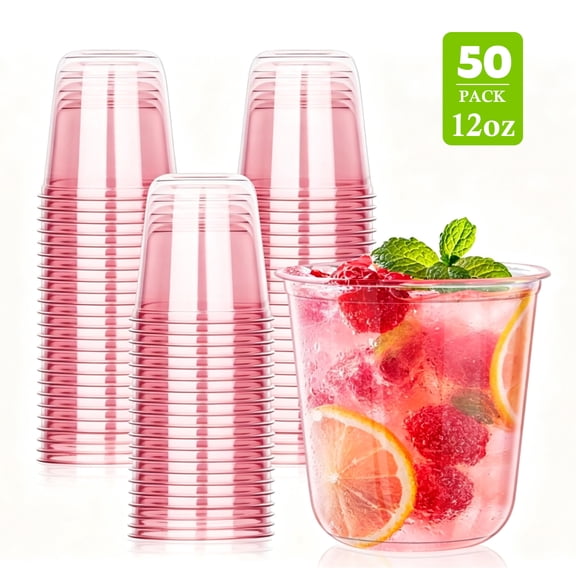Godance 50 Pack Pink Plastic Cups, 12oz Disposable Stemless Wine Glasses, Clear Pink Cocktail Party Cups for Wedding, Birthday, Party Supplies, BPA Free