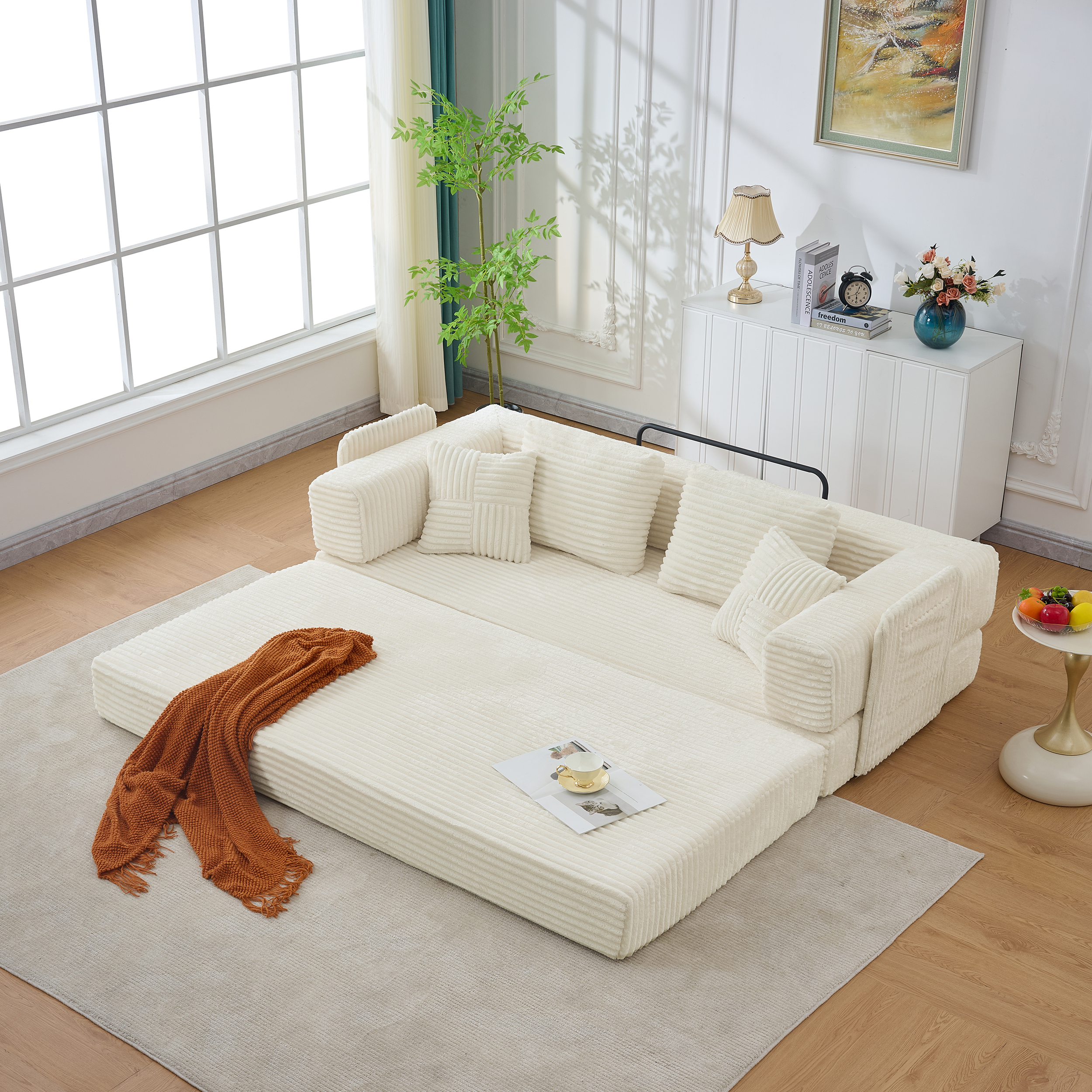 Convertible Foldable Sleeper Sofa Bed with Storage Pockets, No Assembly Folding Floor Couch with 4 Pillows, Daybed Futon, Beige Upgraded