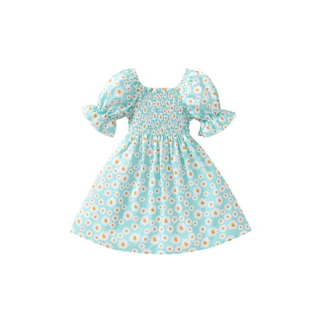 

Frobukio Kids Little Girls Puff Short Sleeve Dress Square Neck Floral Print Mini One Piece Dress Princess Dress Blue 4-5 Years