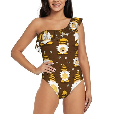 Uemuo Flowers And Gnomes Bees Print Women s One Piece Swimsuit Asymmetrical Neck Bathing Suit One Shoulder Side Cutout Ruffle Swimwear-X-Large