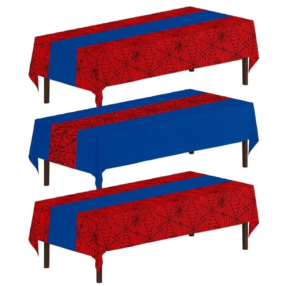 Uflashmi 3PCS Spider Themed Tablecloth Disposable, Plastic Spider Table Cloth for Birthday Party Decorations, Spider Web Table Cover Rectangular, 54'' x 108'', Red and Blue